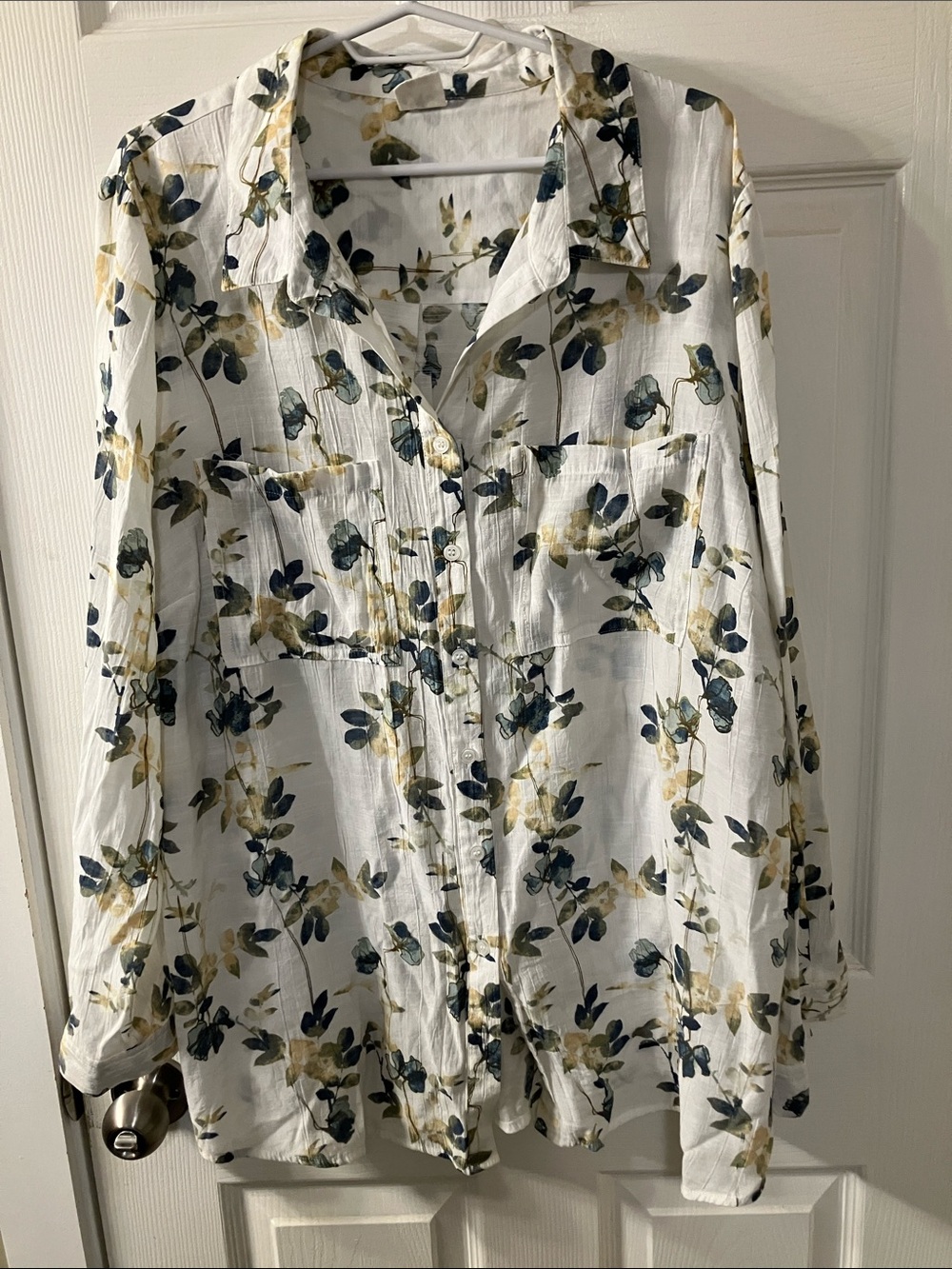 DC White Button-Down Blouse with Blue and Mustard Floral Print